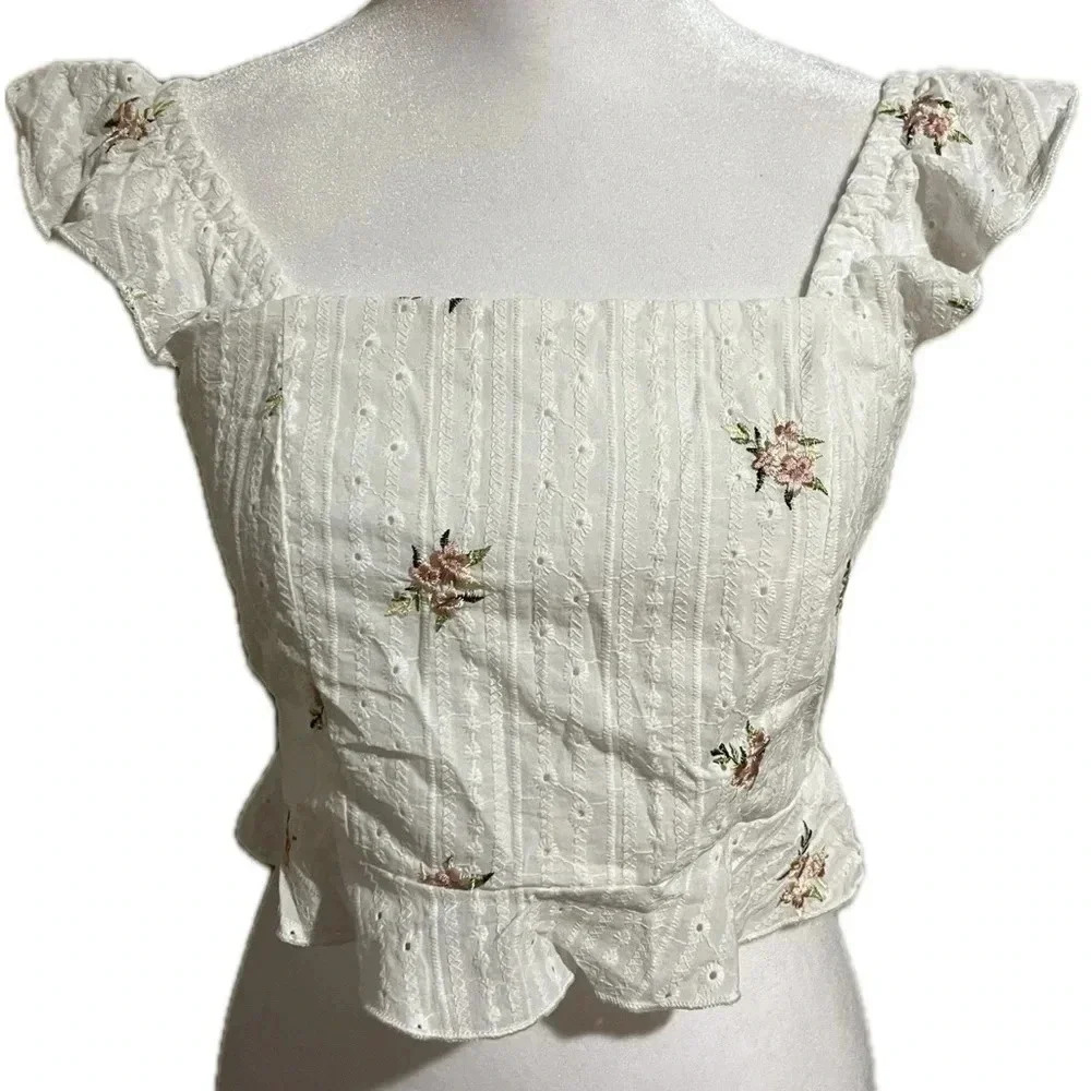NWT Kurious tie back ruffle sleeve floral tank XS